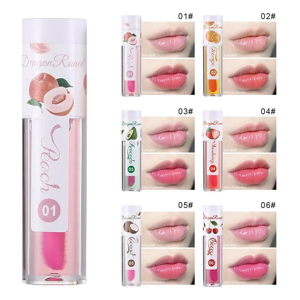 Fruit Color Changing Lip Gloss Oil Strawberry Peach Lip Balm Natural Clear Moisturizing Reduce Lip Lines Jelly Plump Lips Care