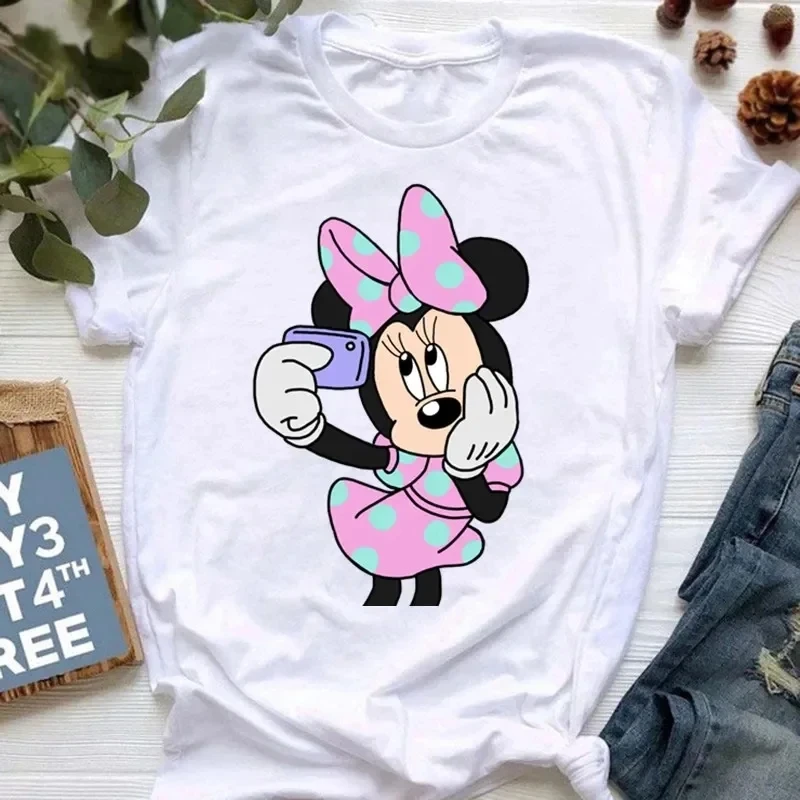 Summer Women\'s Disney Fun Pink Fairy Minnie Mouse T-Shirt Cotton Comfort Casual White Top Cartoon Disney Kawayi T-Shirt Top