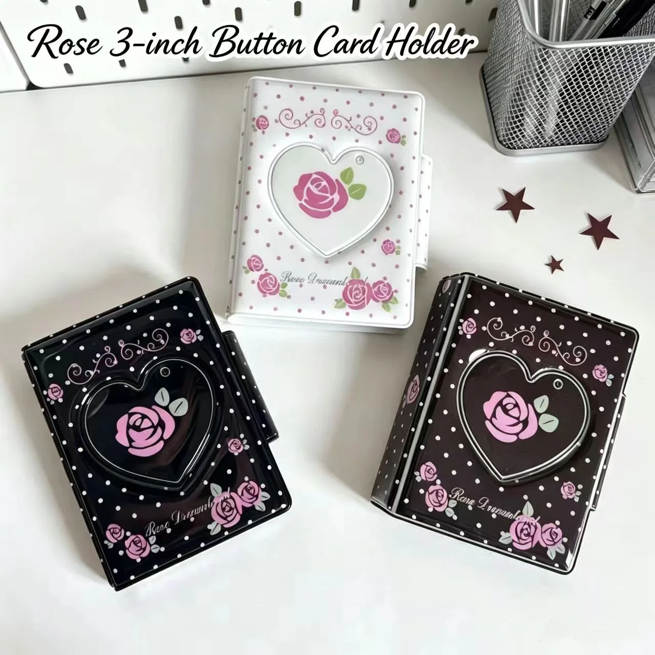 Vintage Photocard Binder 3 Inch Photo Album Heart Hollow Rose Print Photocard Holder Snap Button Photocard Binder for Kpop