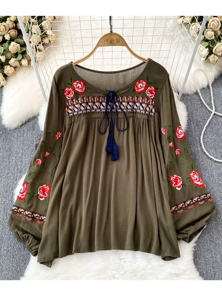 Women Spring Autumn Blouse Bohemian Vintage Lantern Long Sleeve Round Neck Embroidered Loose Pullover Shirt Casual Top D5081