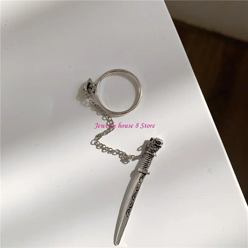 Alloy Punk Skull Sword Movable Plug-in Finger Ring Jewelry Gift for Women Girl