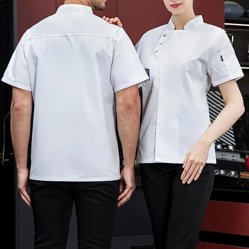 Camisa de servicio de comida para hombre y mujer, uniforme de Chef de manga corta con cuello levantado, camisa de trabajo para Catering, traje de trabajo para restaurante, ropa de cocina