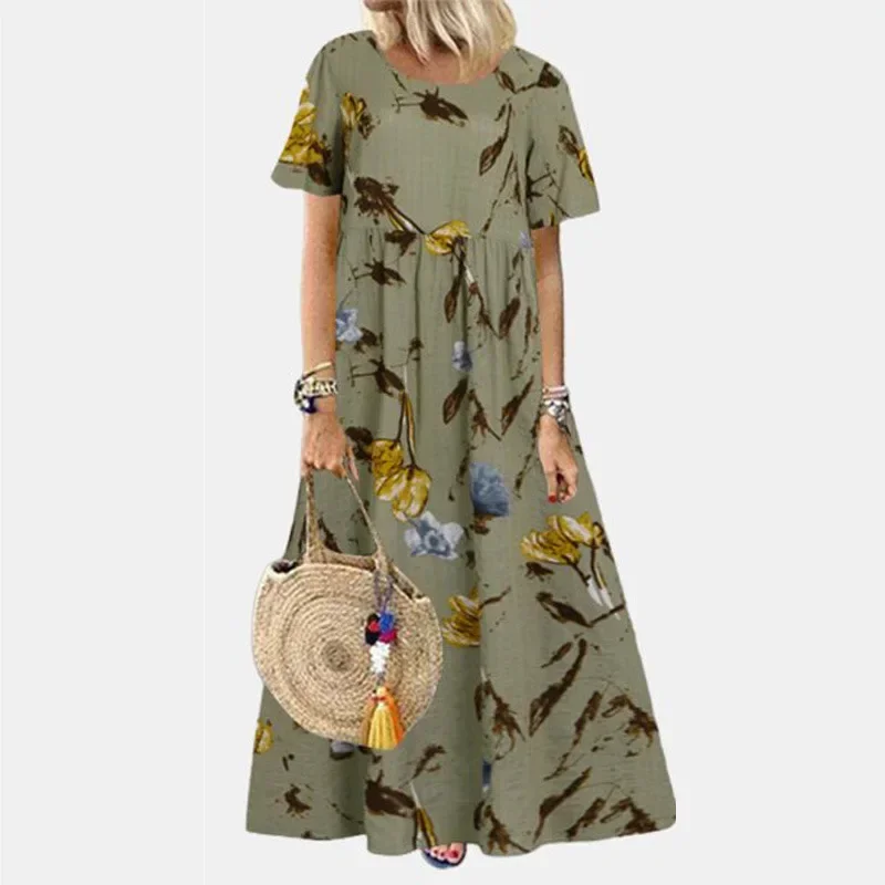 Women Vintage Floral Long Dress Summer Boho Casual Loose Short Sleeve Dresses Female Beach Holiday Party Maxi Dresses Vestidos