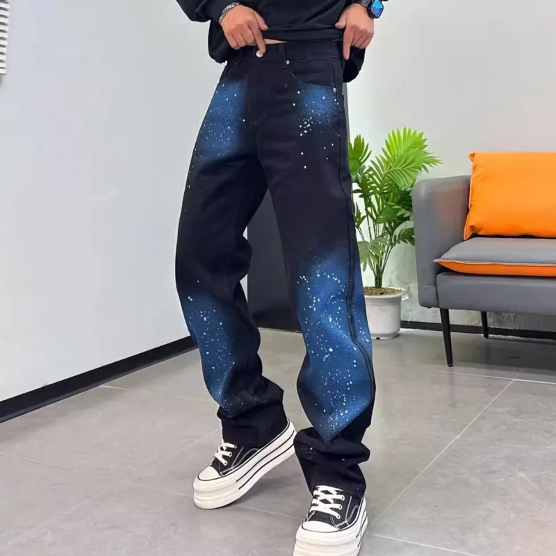 HKSH Spring New Men's Starry Sky Color Graffiti Print Jeans Tide Straight Stylish High Street Denim Pants Fashion Casual HK21708