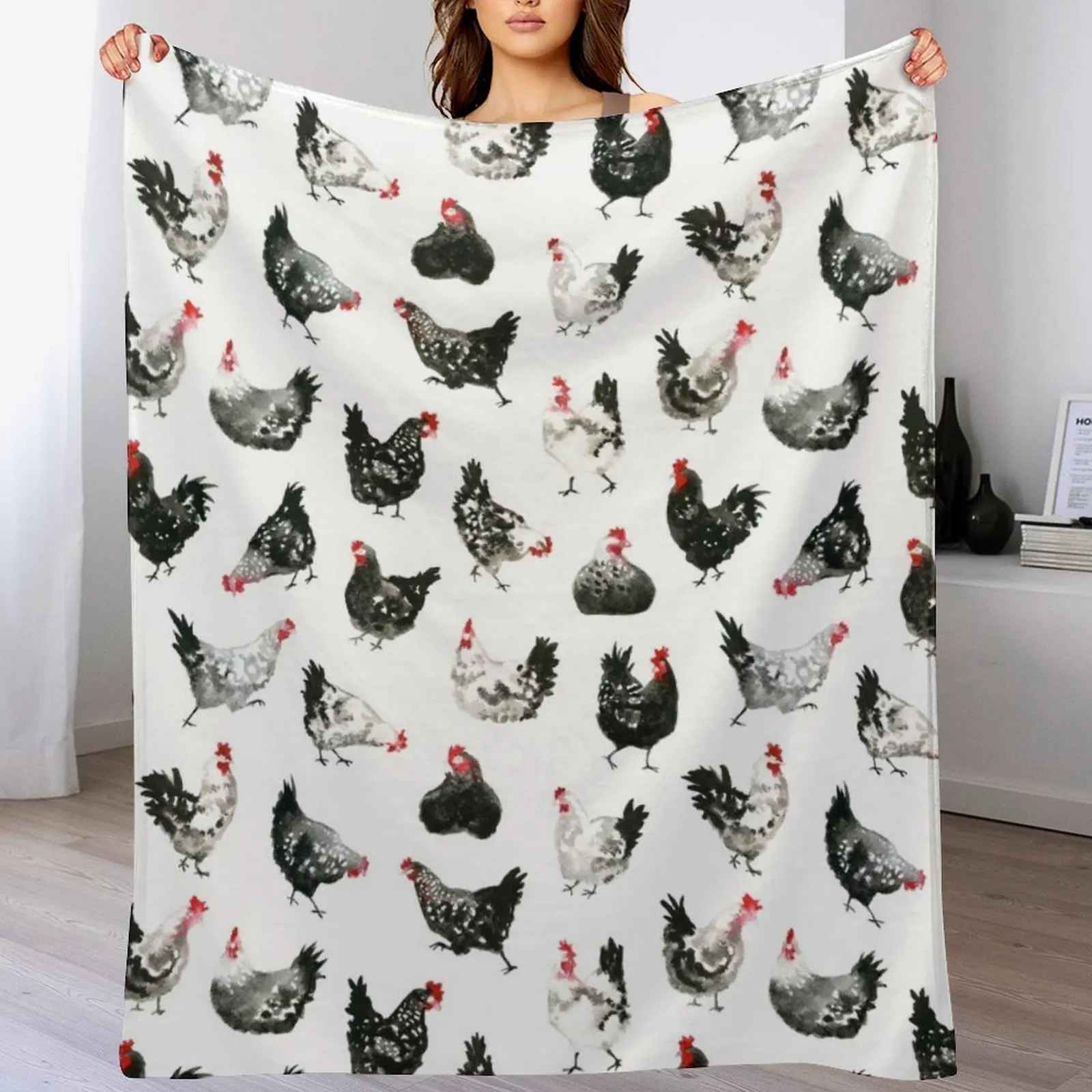 

Black & White Chickens Throw Blanket Travel Heavy Multi-Purpose Decoratives Blankets