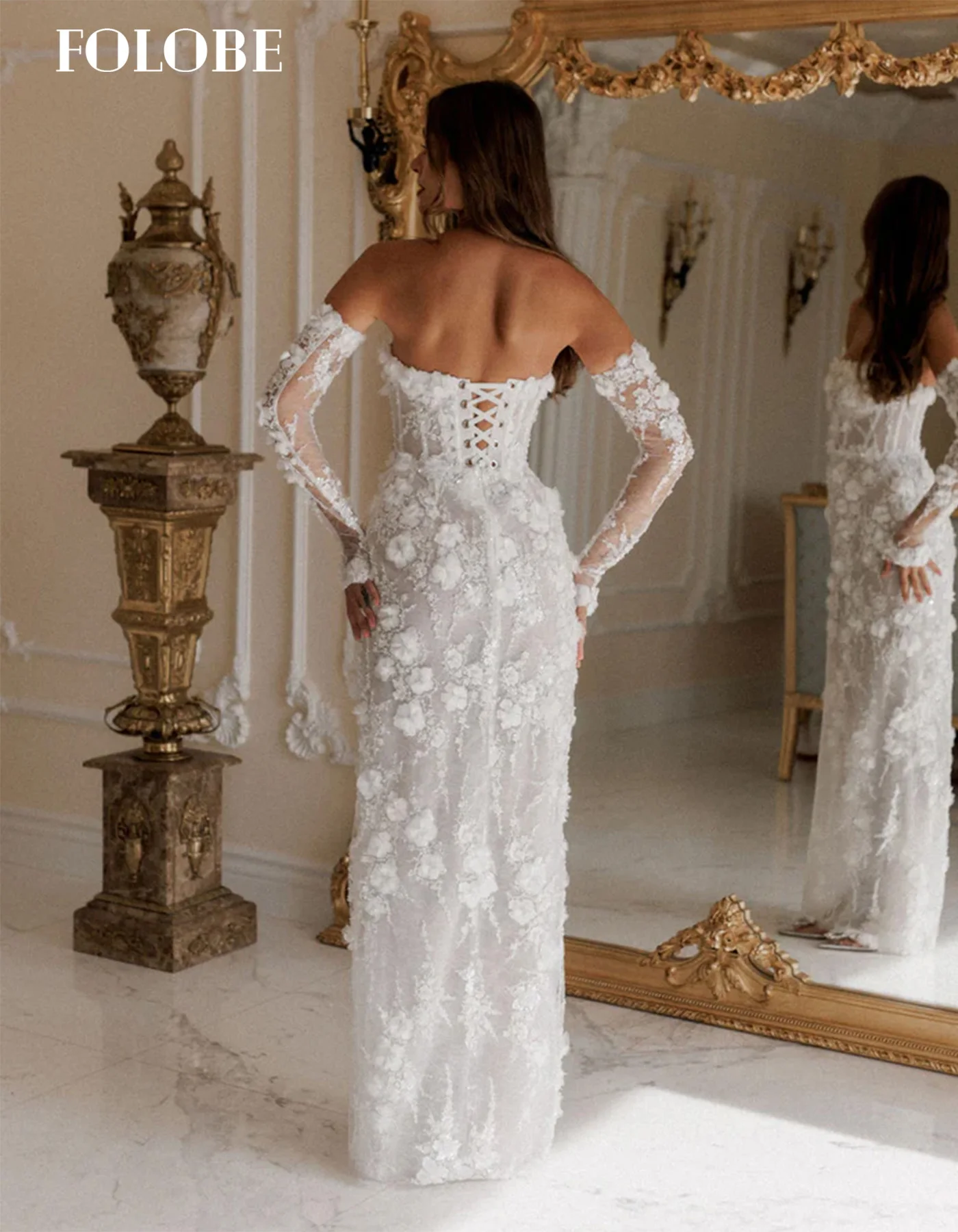 FOLOBE blanc bretelles sirène robe de bal avec des fleurs 3D haute fente robes de soirée formelles vestidos de noiva personnalisé