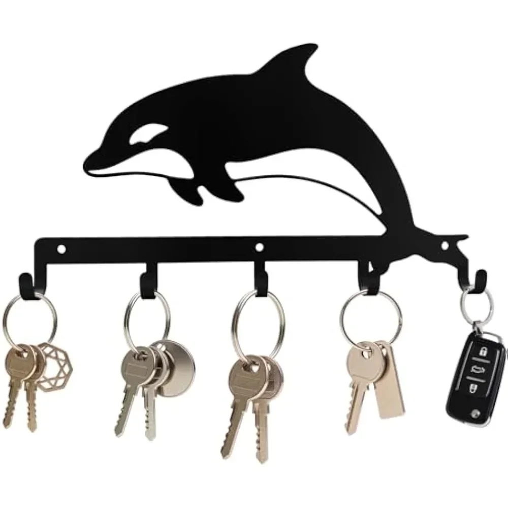 1pc Leaping Dolphin Metal Key Holder, 5 Hooks Wall Hanger for Entryway Office Kitchen Bedroom, 11.85x6.88 Inch