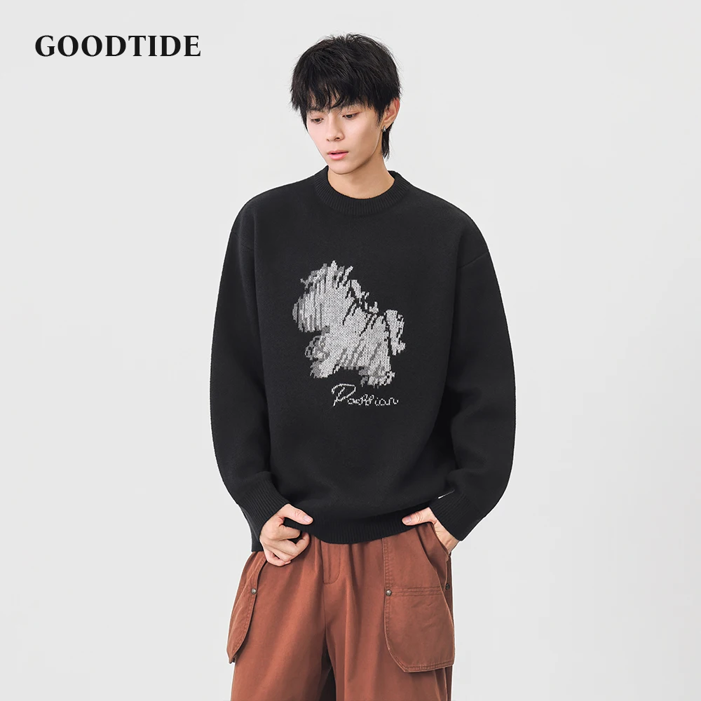 Fashion Men's Casual Crew Neck Sweater 2025 Winter New Abstract Pattern Letter Print Knitted Pullover Soft Long Sleeve Top