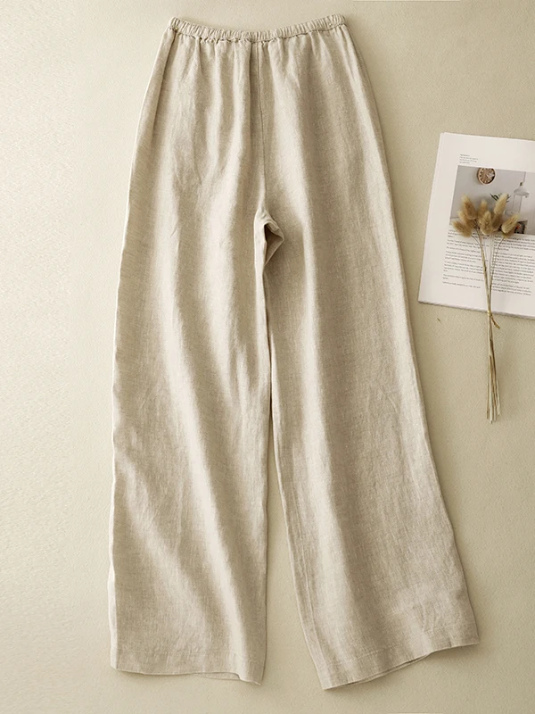 Retro spodnie z wysokim stanem i szerokimi nogawkami, damskie, luźne, wyszczuplające, elastyczne, z bawełny i lnu, proste nogawki, codzienne spodnie, lato 2025