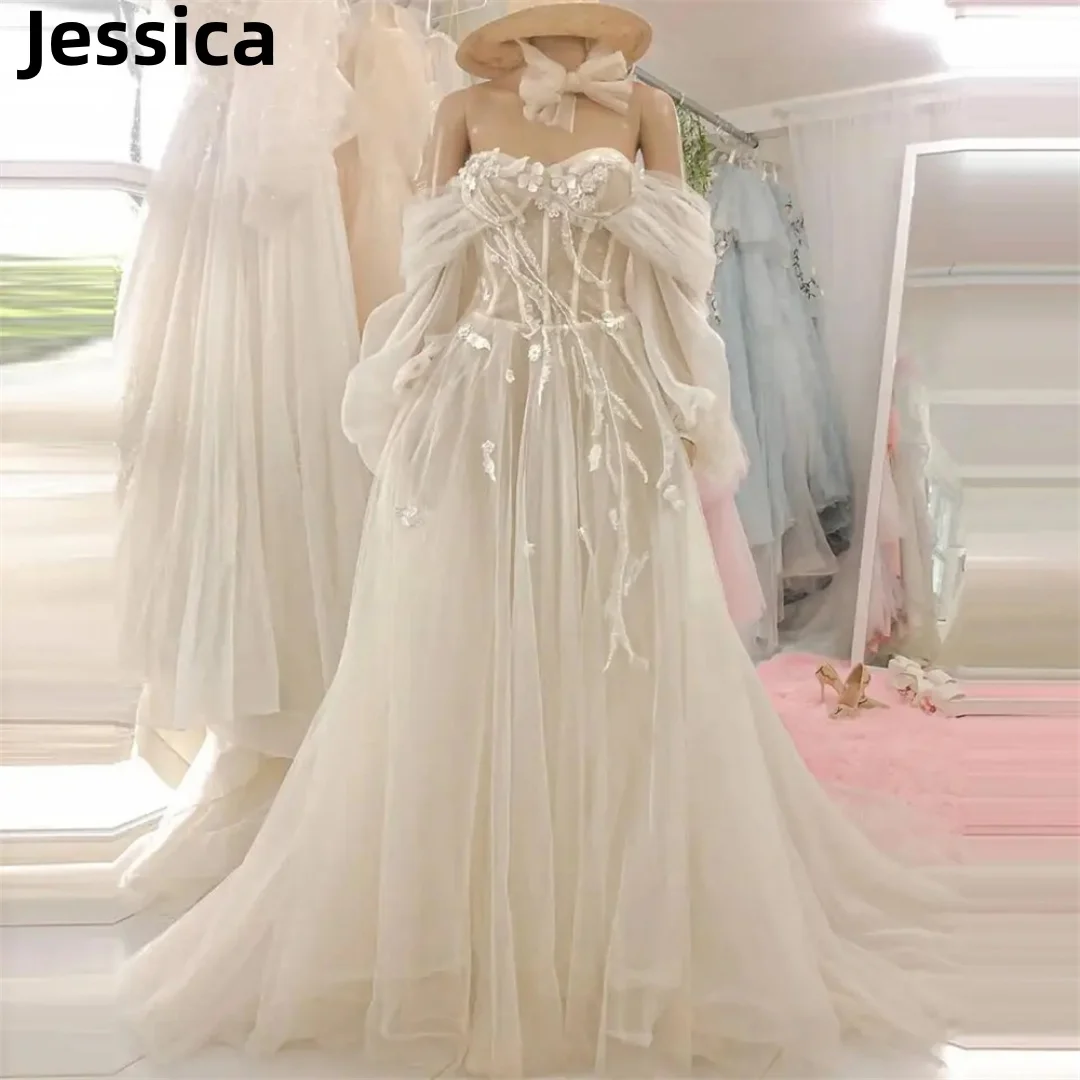 

Jessica Sweet Tulle Prom Dress Puff Sleeves Bride Wedding Dress Evening Dress A-shaped Elegant Lady Party Dress فساتين السهرة