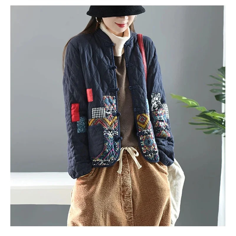 

Зимняя новинка 2025 года, свободная куртка из хлопка и конопли в этническом стиле в стиле ретро с литературной пряжкой, утолщенное хлопковое пальто для женщин WLF
