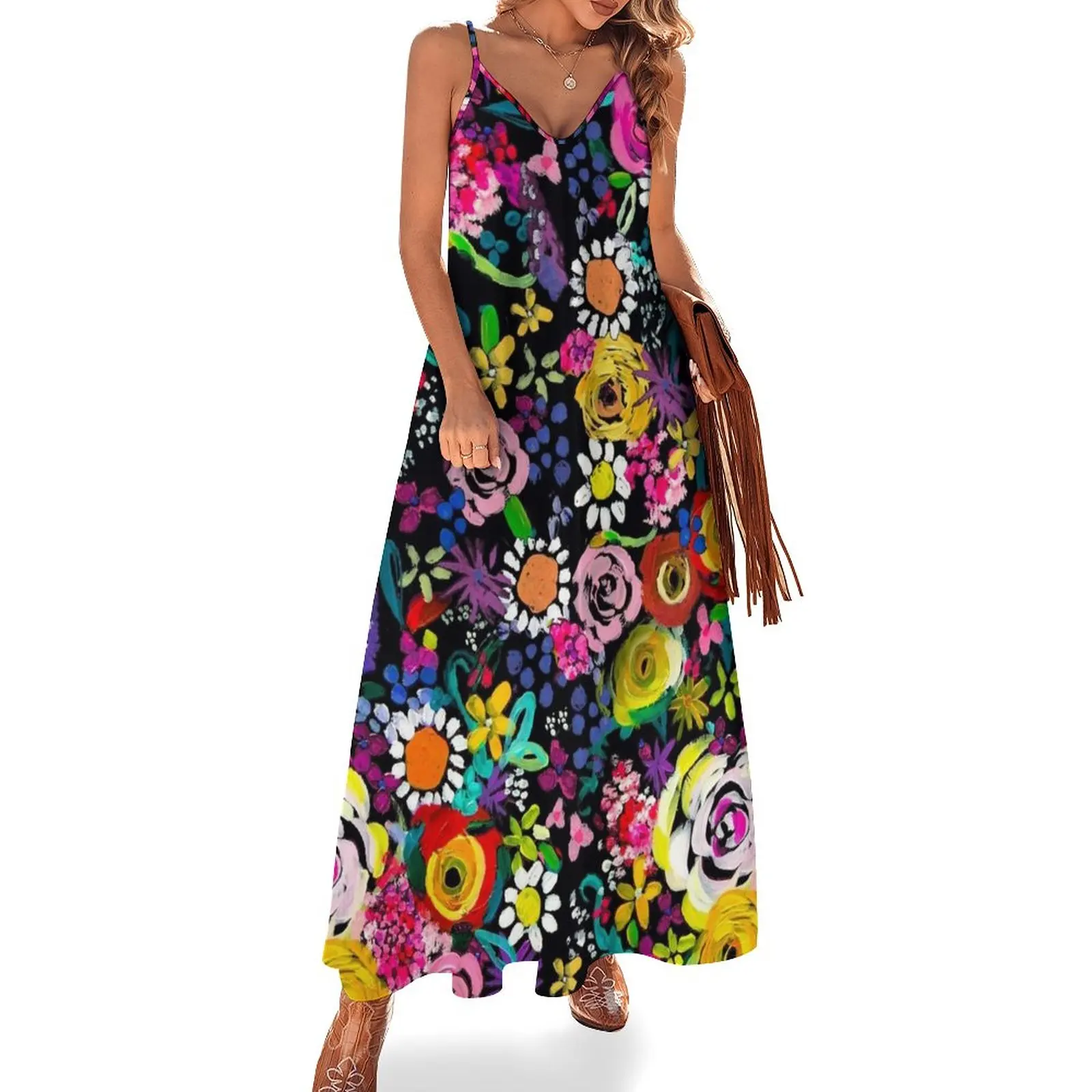 

Les Fleurs Vibrant Floral Painting Print Sleeveless Dress dress party evening elegant luxury celebrity Summer skirt