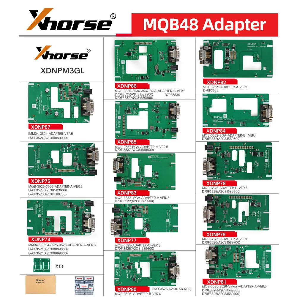 2025 Xhorse MQB48 No Disassembly No Soldering 13 Full Set Adapters XDNPM3GL for VVDI Key Tool Plus, VVDI Prog and Multi-Prog