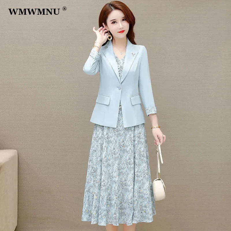 Elegante vestido floral ternos moda 2 peça conjunto roupas femininas casual fino chiffon blazer jaqueta e sem mangas midi vestidos de impressão