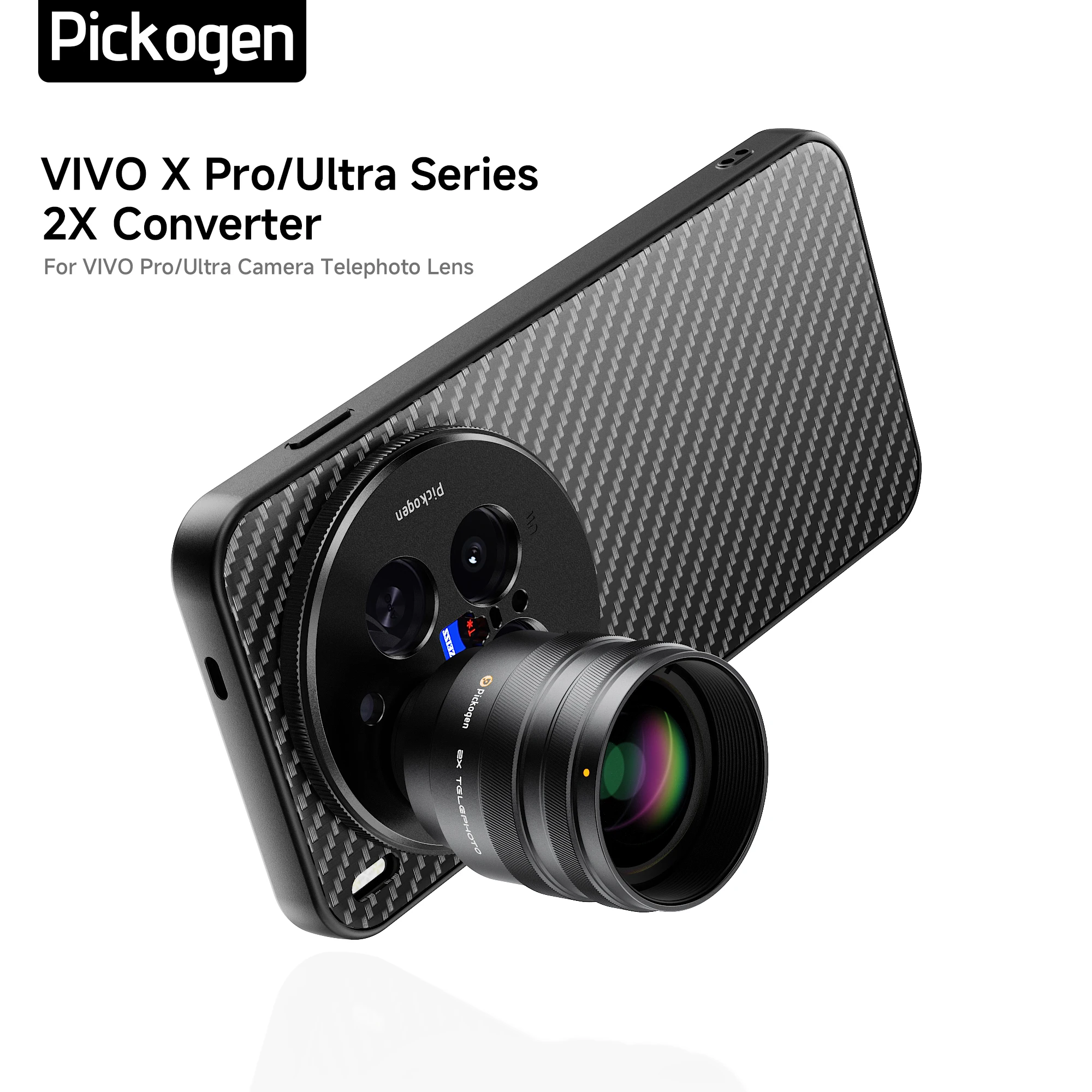 PICKOGEN 2X Convertisseur pour objectif téléobjectif d'appareil photo de téléphone portable, téléconvertisseur 240 mm avec étui pour téléphone vivo X300 pro/X200 ultra