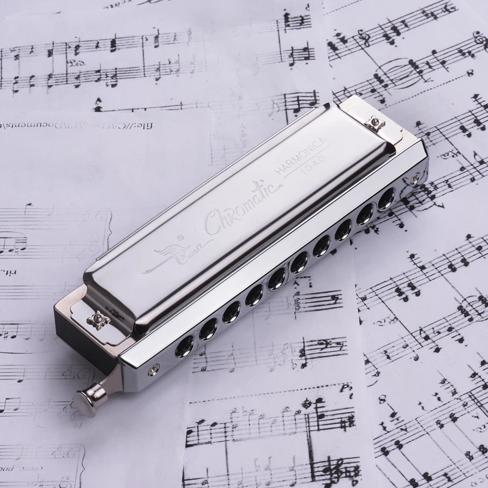 Swan Chromatic Harmonica 10 Holes 40 Tones Key of C Silver with Exquisite Box