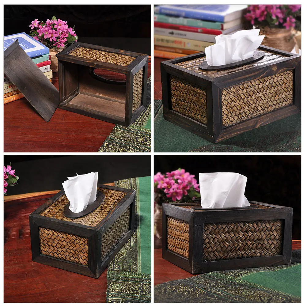 

1pc Bamboo Woven Tissue Box Handmade Retro Style Decorative Holder For Home Hotel Café Removable Bottom Simple
