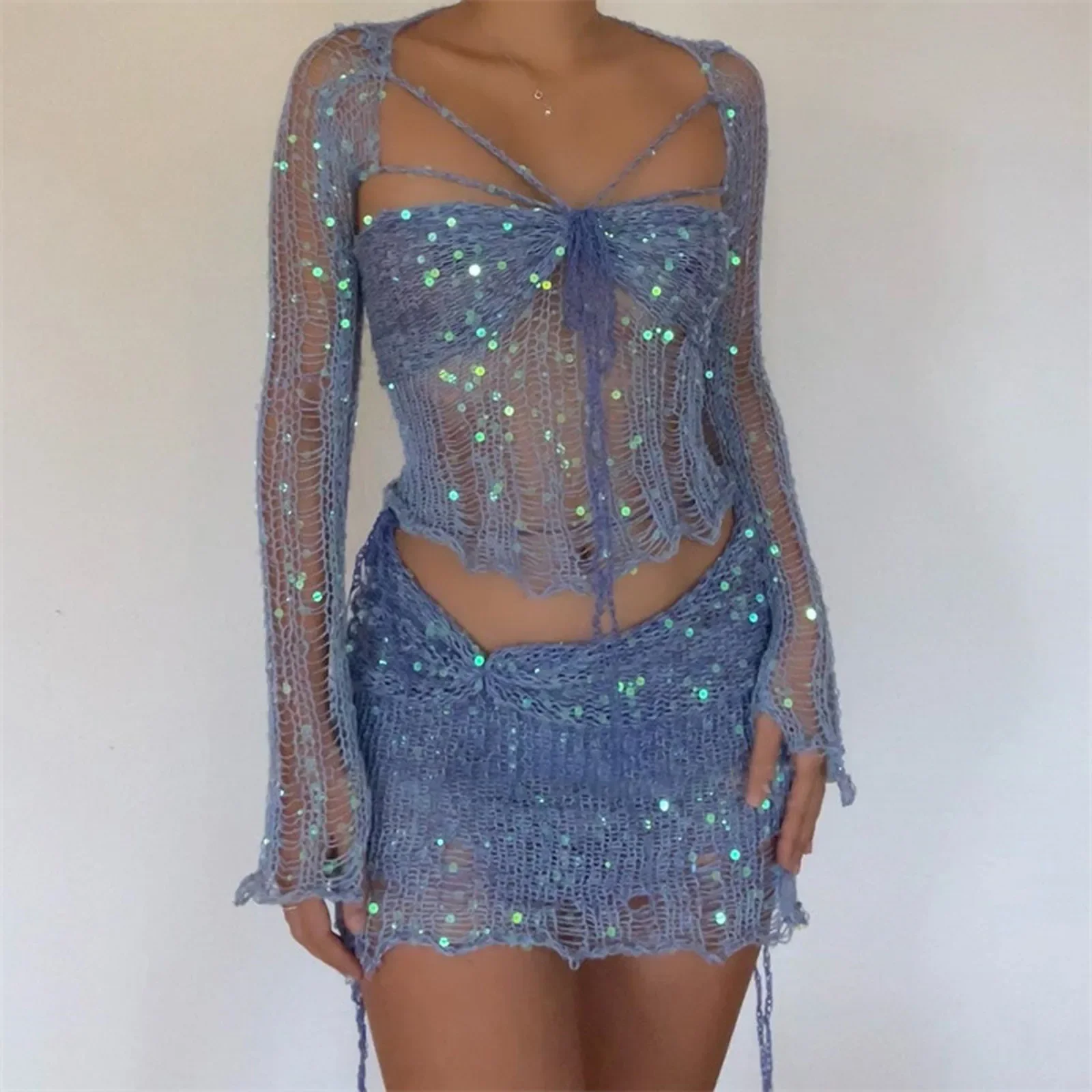 

Sexy Sequins Knitted Hollow Out Two Piece Set Women Long Sleeve Cropped Top Mini Skirts 2025 Fashion Skirt Sets Female Outfits
