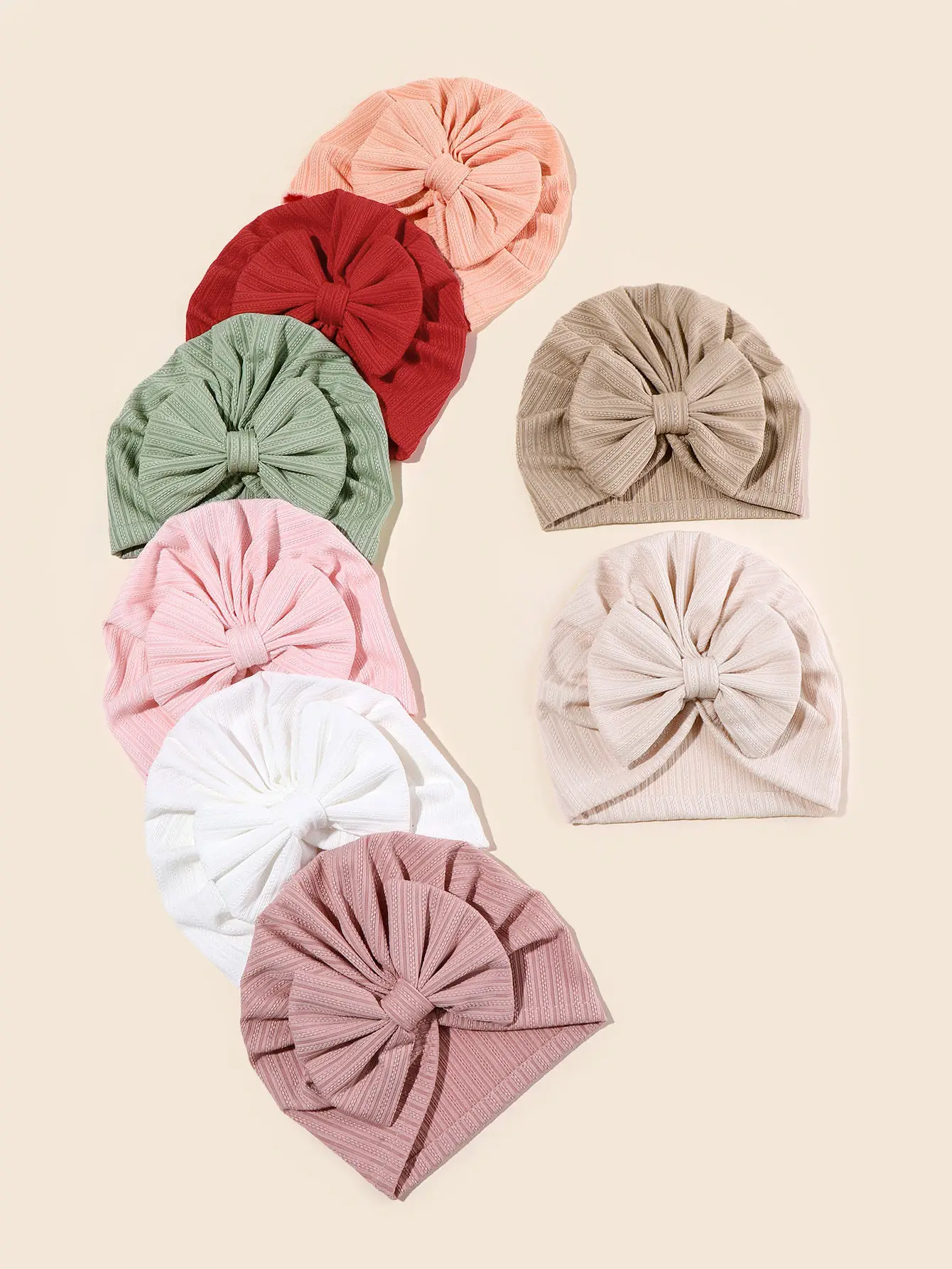 8Pcs Set Baby Girls\' Monochromatic Knotted Beanie, Large Bow Turban, Infant Beanies, Outdoor Bonnet, H472