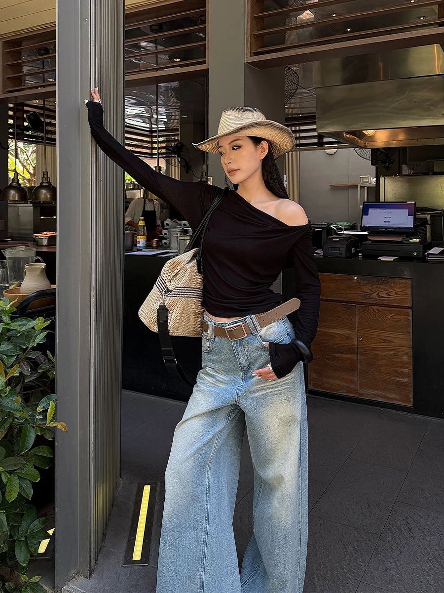 

Slimming Long Sleeve Sexy Shoulder Open Neck Lenzing Women's Spring Shirt Casual Style Pure Color Chinese Production