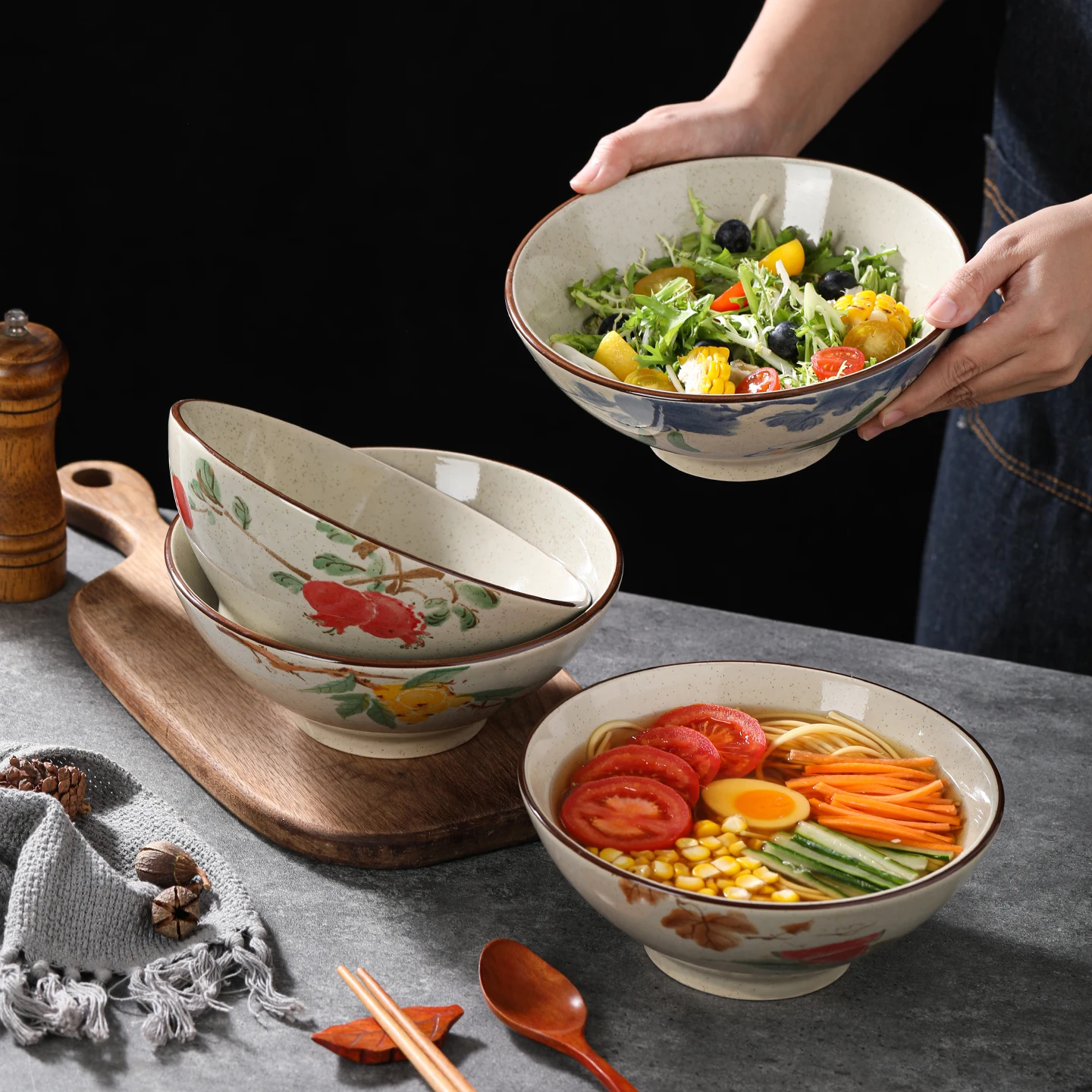 

Ретро-миска для супа и риса с крышкой, большая емкость, с подглазурной росписью, для лапши, для повседневного использования