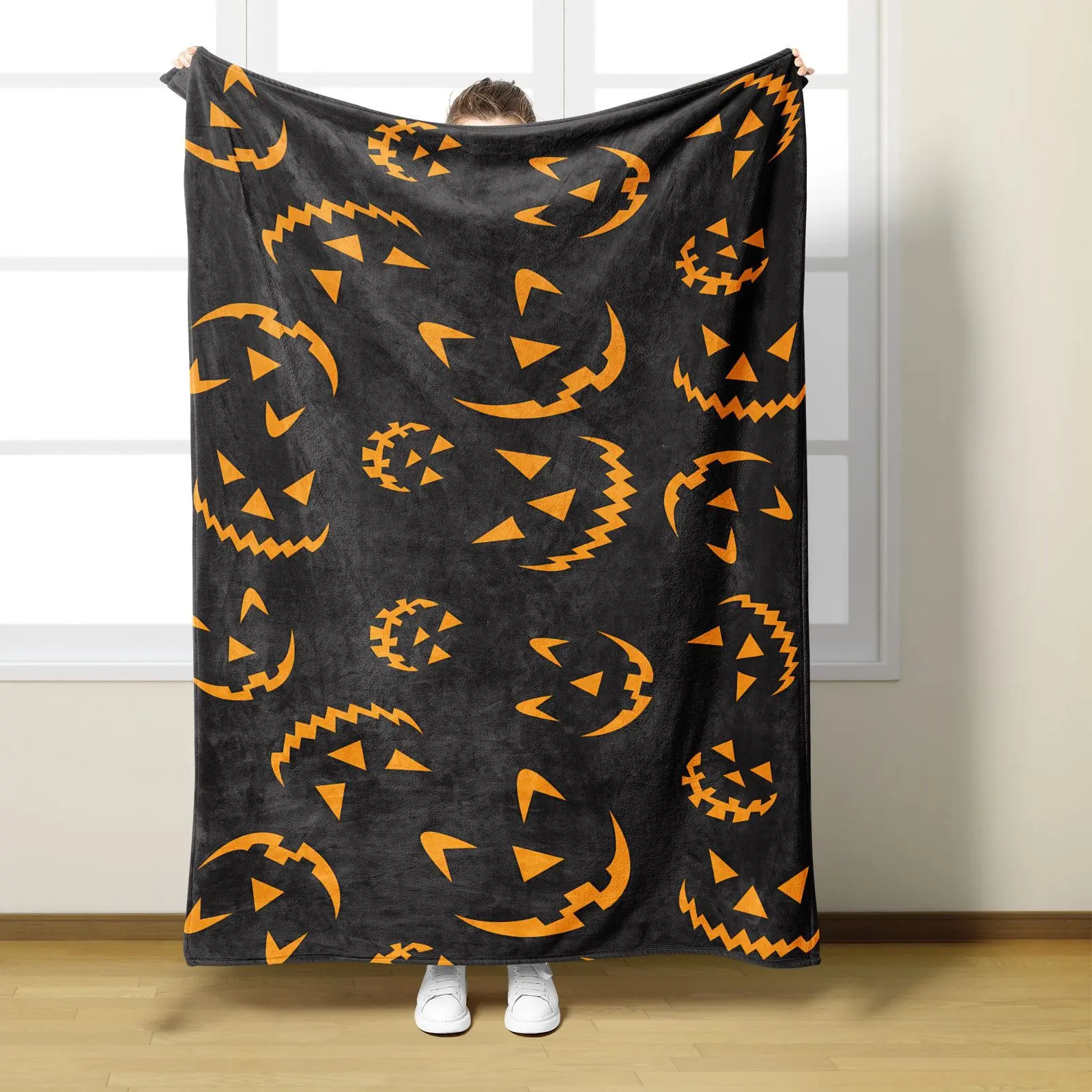 Halloween-Flanelldecke, warme, weiche Cartoon-Orange-Kürbis-Digitaldruck-Überwurfdecke, multifunktionale Deckenbezüge – Detail 4