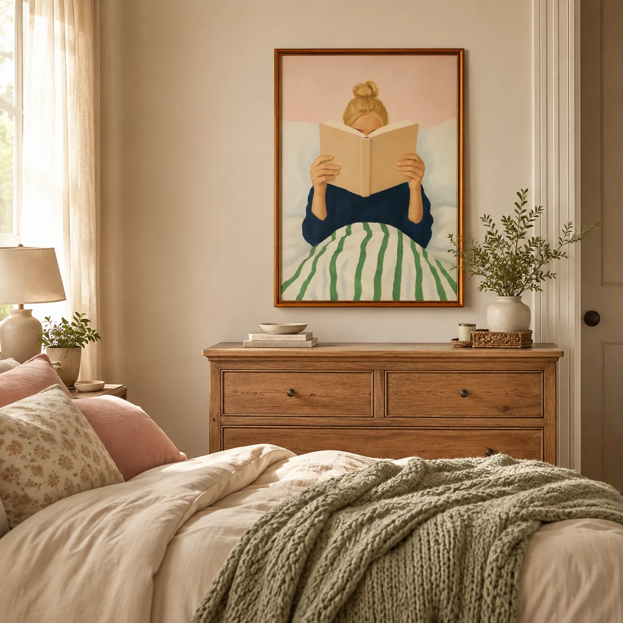Woman Reading in Bed Poster - Book Lover Art Print - Reading Book Wall Art - Reading Nook Library Decor, Retro Girly Book Poster