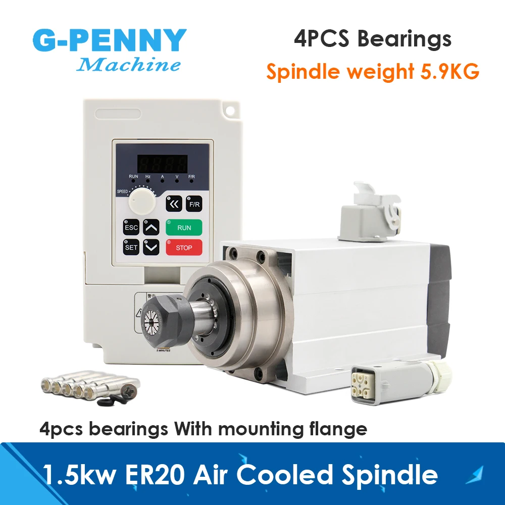 

G-Penny 110v/220v 1.5kw ER20 Square With Flange Air Cooled Spindle Motor Fan Cooling 4pcs P4 Bearings & 1.5kw Frequency Drive
