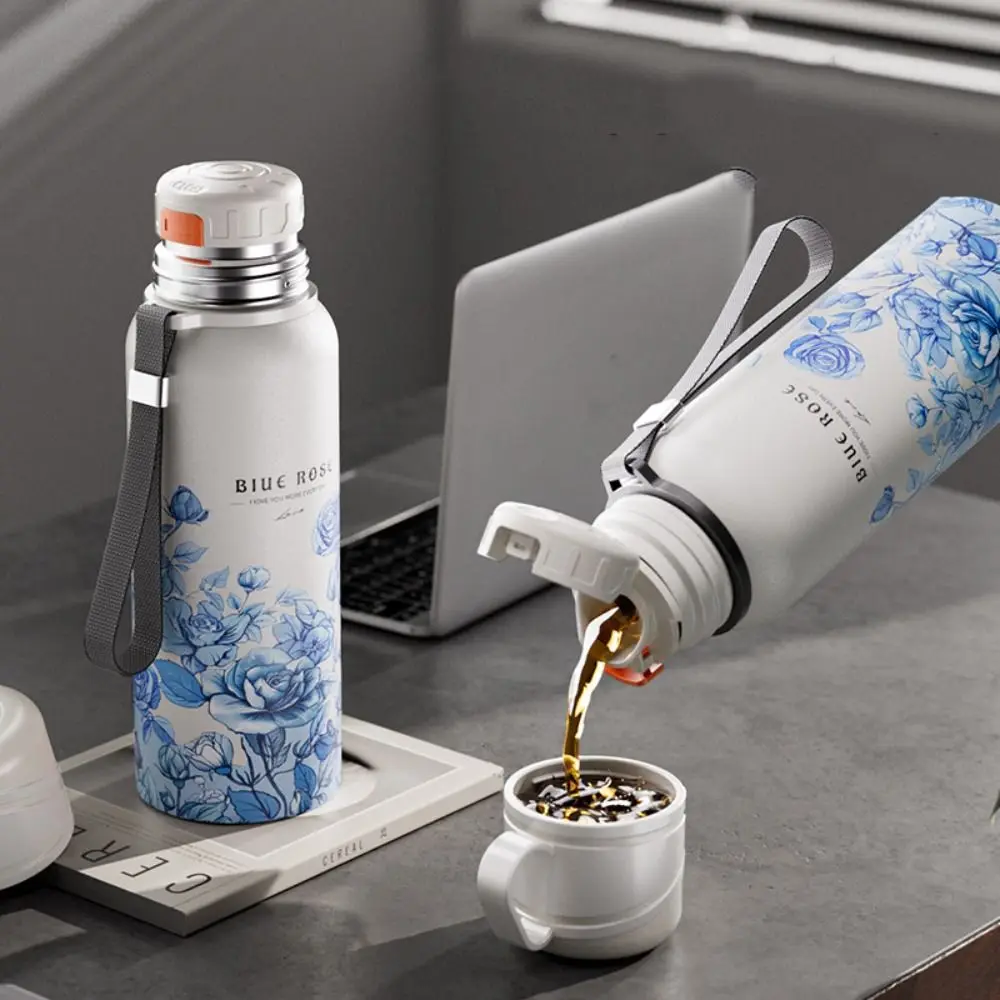 Botella termo portátil con patrón de flores de 620ml, taza de viaje de acero inoxidable con filtro, taza térmica de doble pared de gran capacidad para coche