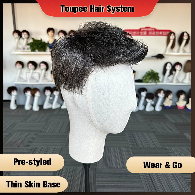 Pre Styled Thin Skin Men Toupee V-Looped Hair Replacement Systems Human Hair Men\'s Wig 1B40 PU Base Wig Hair Piece Protesis Male