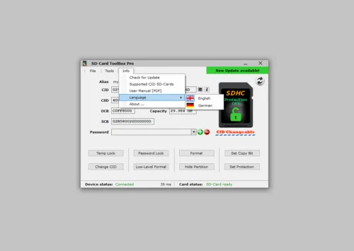 SD-Card ToolBox PRO / CID, CSD, Password, Write protection, Management