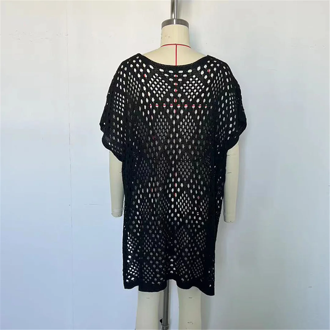 Kurzarm-Tunika mit Aushöhlungen, einfarbig, gehäkelt, gestrickt, Strand-Cover-up, Strandkleid, Strandmode, Damen V8535 – Detail 20