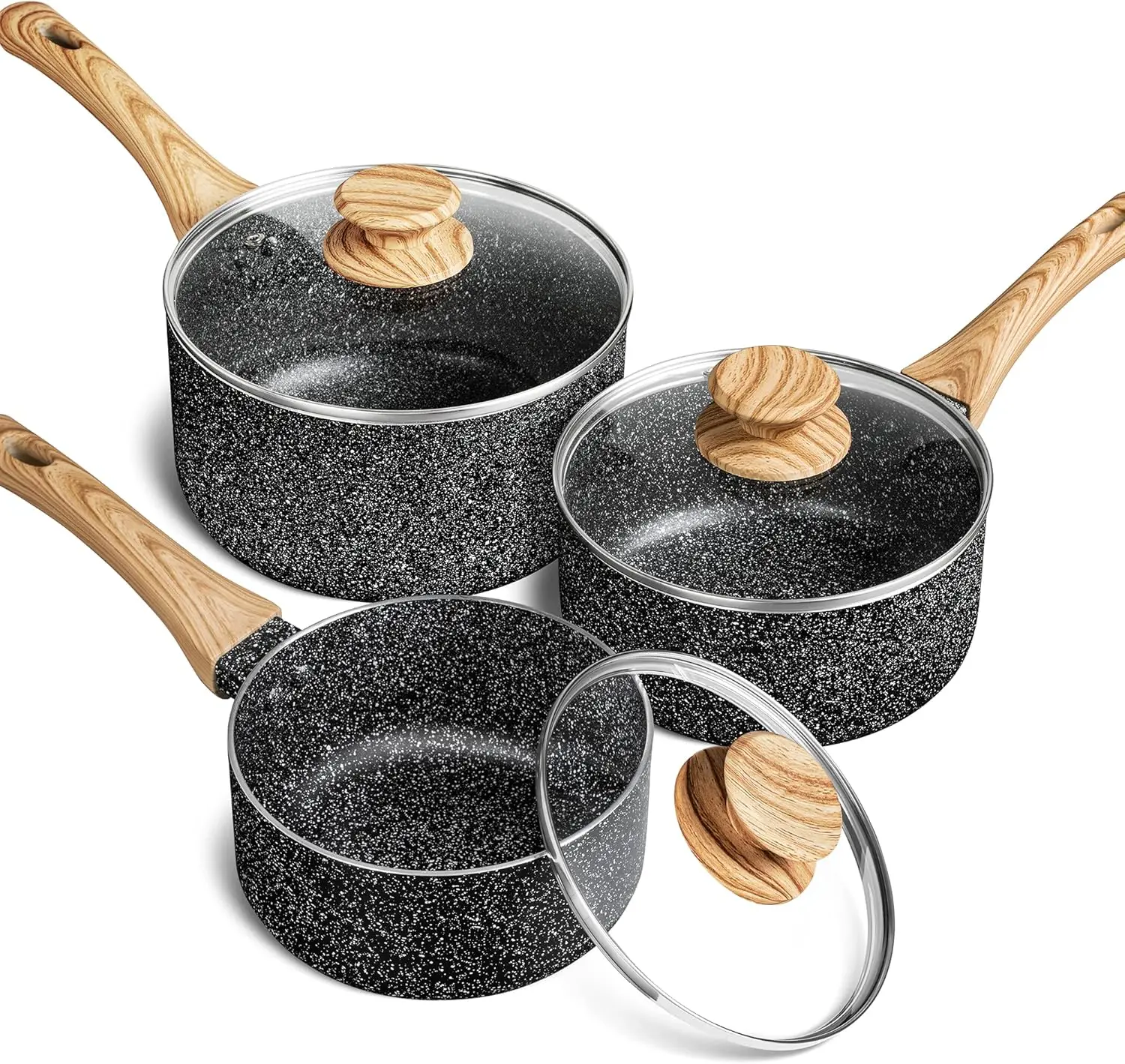 

Набор из 3-х кастрюль с антипригарным покрытием и крышками, 1QT, 2QT, 3QT, черный гранитный камень, набор посуды