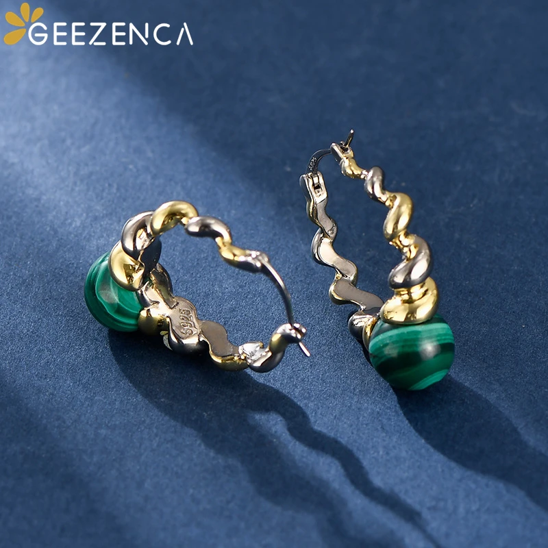 GEEZENCA Natural Malachite 925 Sterling Silver Dangle Earrings Women Dichroic Plating Spiral Twisted Chic Earring 2023 New Gift