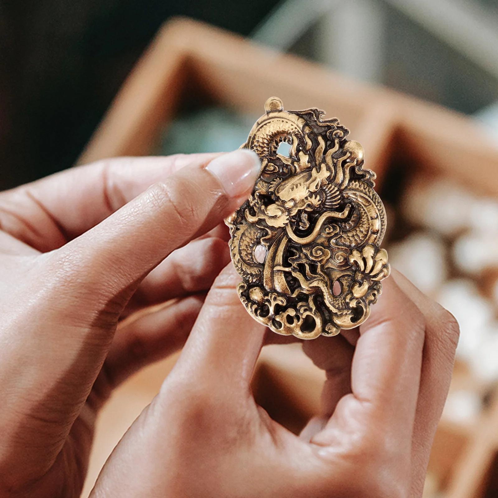 

Chinese Dragon Pendant Panlong H Piece Delicate Brass Decorative Key Ring Charm Office Car Hanging