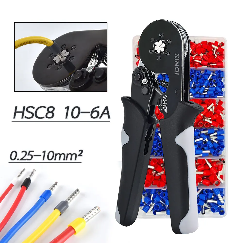 

XINQI HSC8 10-6A 0.08-10mm 23-7AWG Adjustable Precise Hexagon Tube Bootlace Terminal Crimping Pliers Crimp Hand Tools