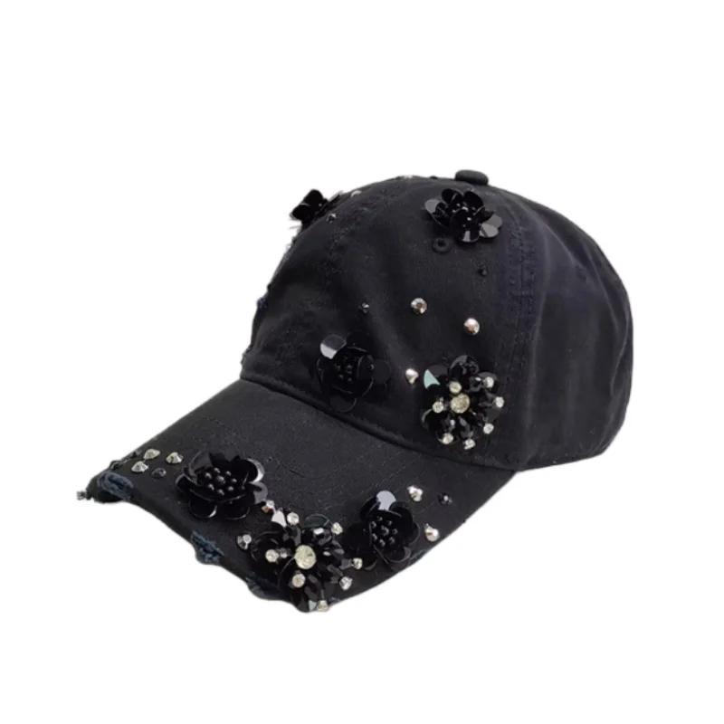 

Fashion Korean-style Baseball Hat Cotton Sunshade Hat Trend 3D Glitter Flower Duck Tongue Hats Black Casual Duckbill Cap
