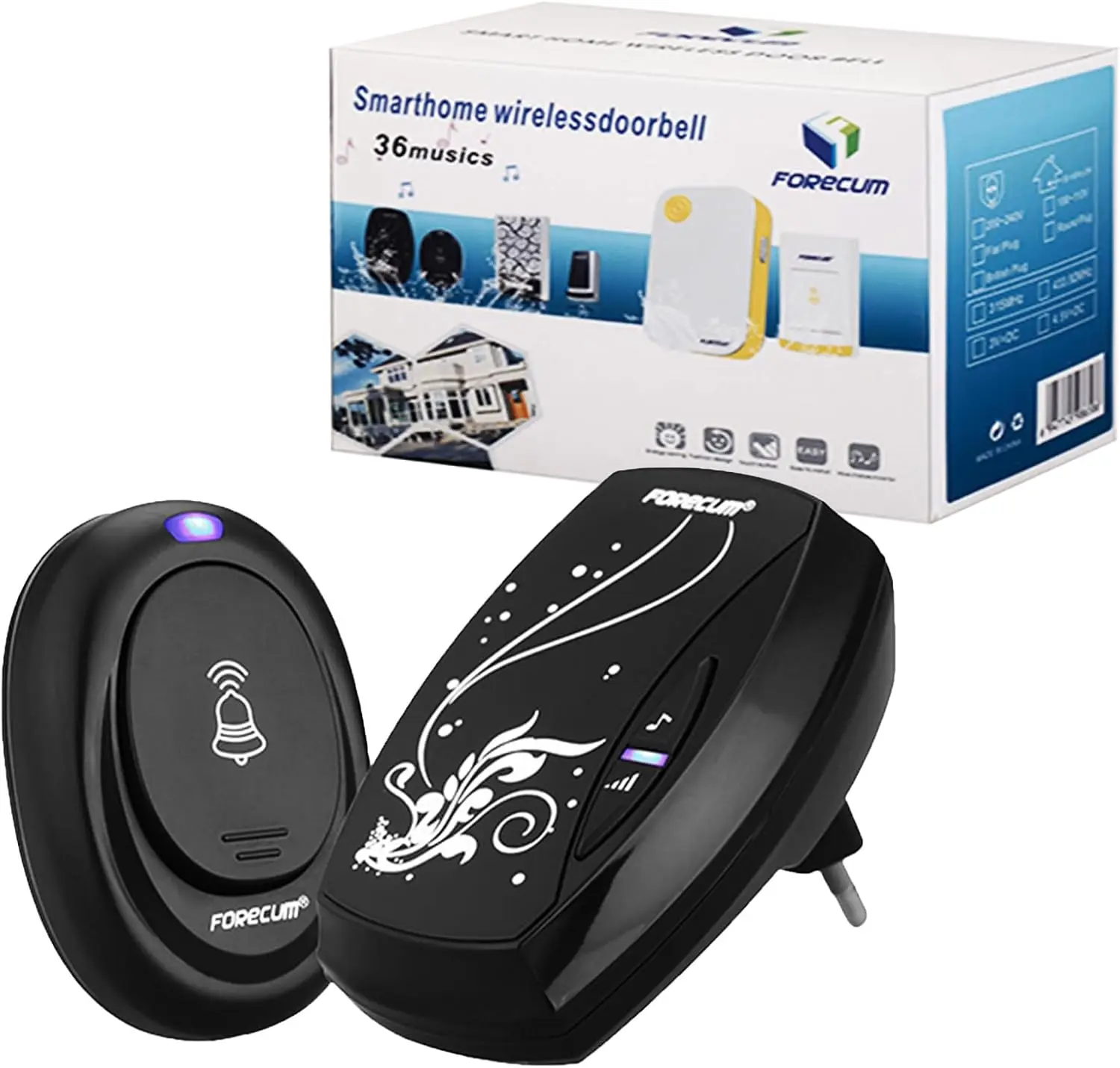

Беспроводной дверной звонок Forecum для умного дома, 36 звонков, 100-метровый диапазон передачи, устойчивый к атмосферным воздействиям, с адаптером питания ЕС