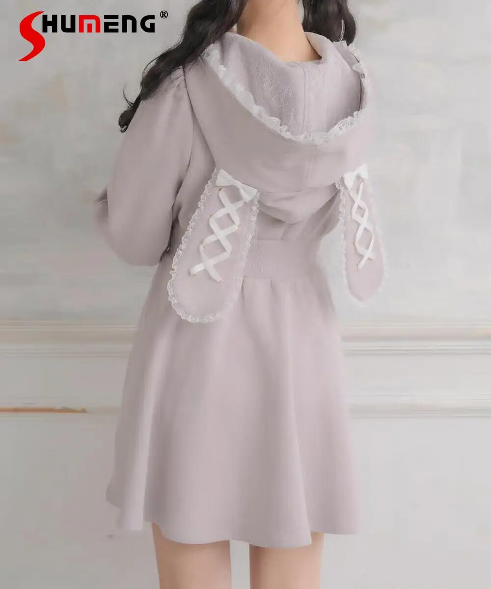 

Japanese Style Elegant Sweet Cute Ears Hooded Long-sleeved Dress Lace Spliced High Waist Lace-up Slim A-line Short Dresses Women