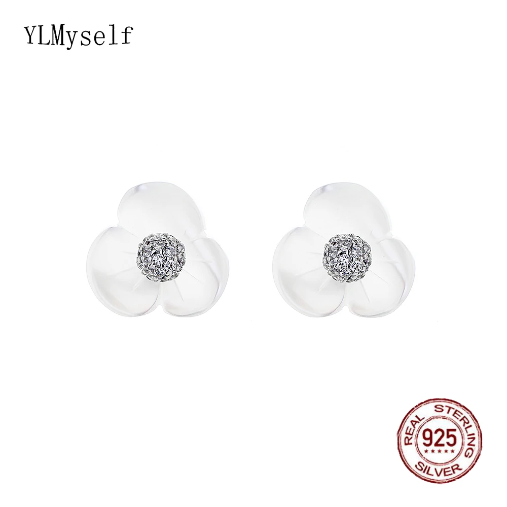 Real 925 Silver Earrings Flower Design With Natural Shell and Pave Shiny Cubic Zircon Cute Fine  Jewelry Gift For Women