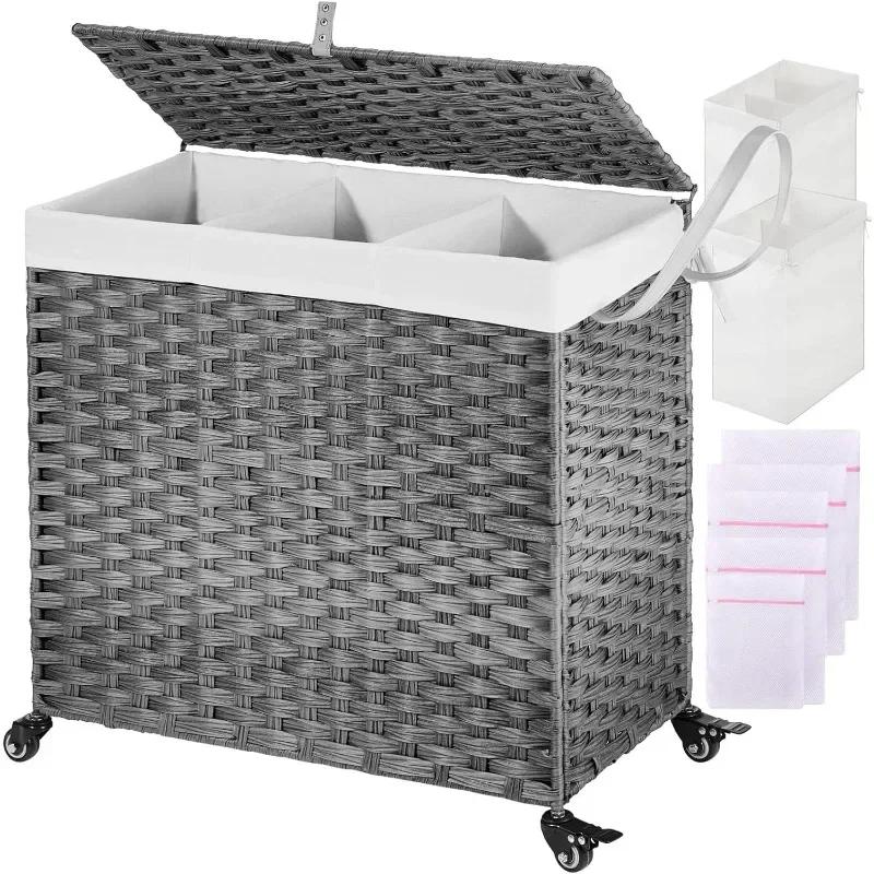 Laundry Hamper with Wheels&Lid, 125L Large 3 Sections Clothes Hamper with 2 Types Removable Liner Bags, 5 Mesh Laundry Bags