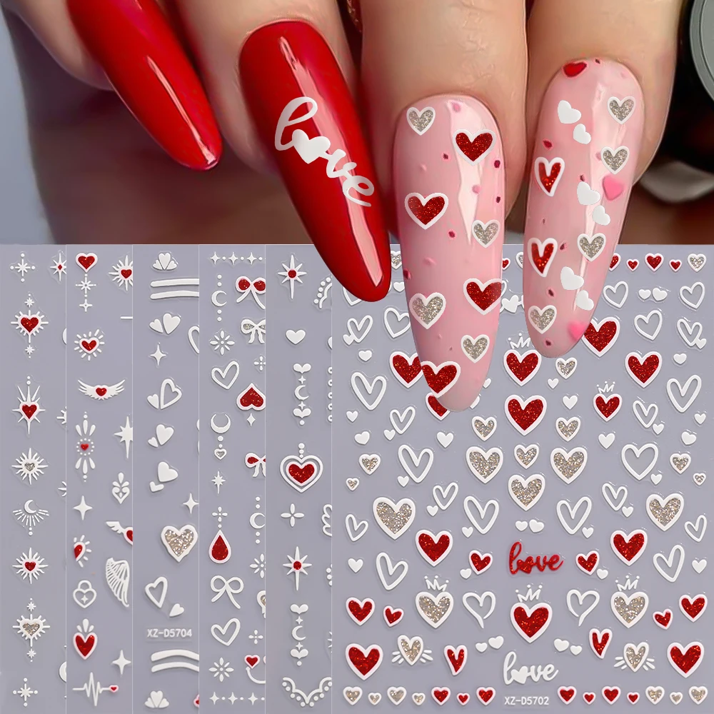 6PCS/Set Bowknot Heart Nail Sticker Red White Glitter Love Nail Art Decals DIY Self-Adhesive Nail Sliders Manicure Nail Supplies