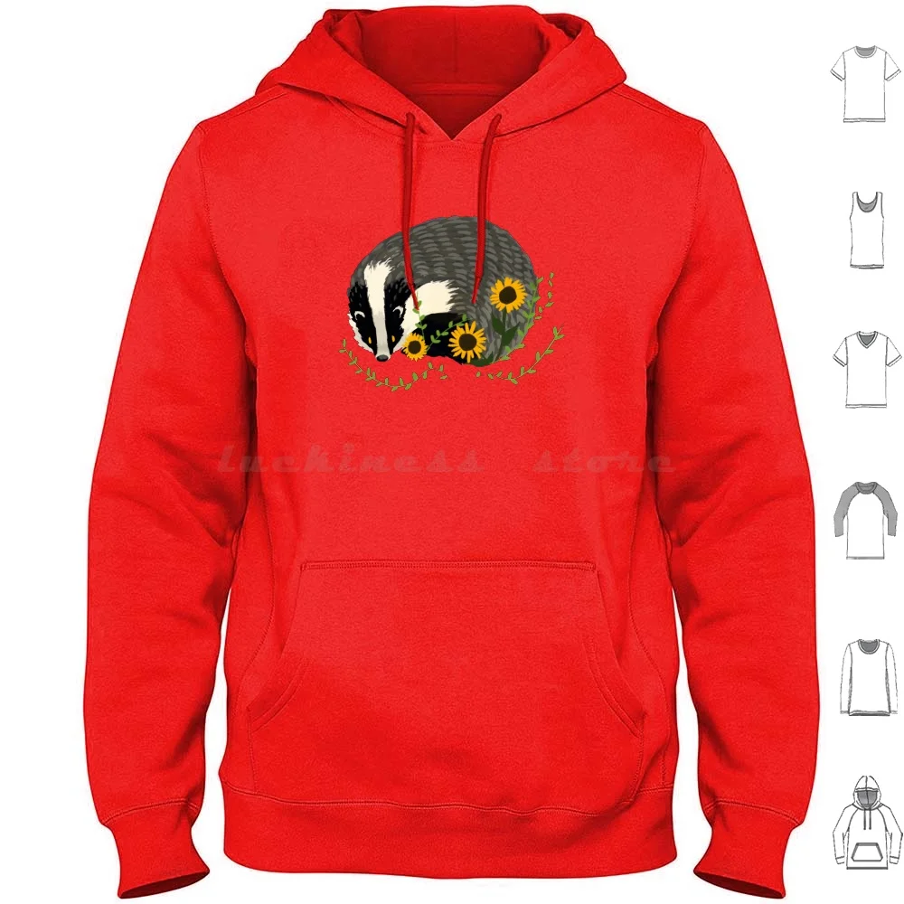 Little Badger Hoodie cotton Long Sleeve Badger Sunflower Flowers Yellow Animals Cute Aesthetic Wildlife Woodland Quirky Weird