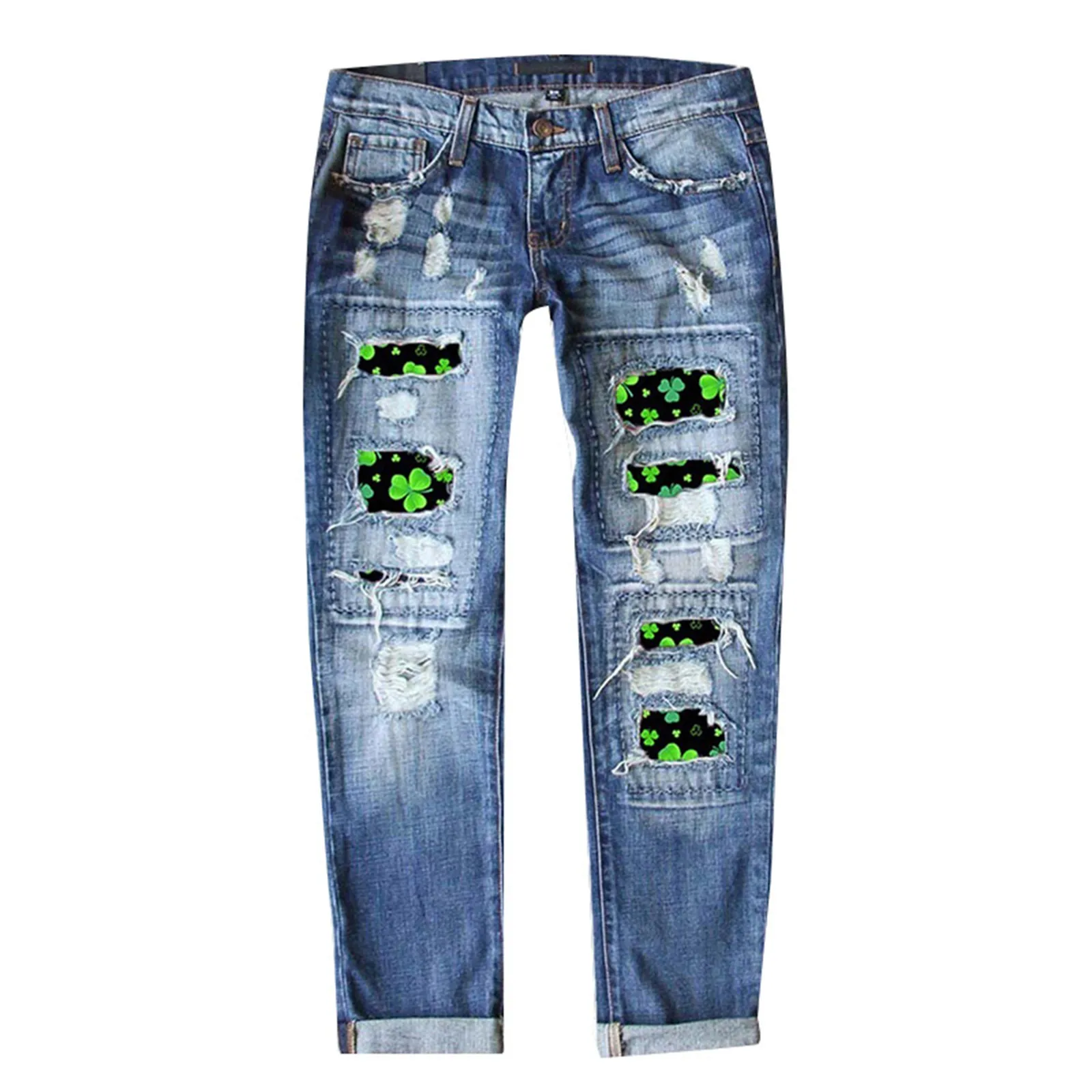 

Women'S Blue Ripped Straight Jeans Shamrock Clover Ragged Denim Pants Pockets Denim Jeans Saint St Patricks Day Clothing