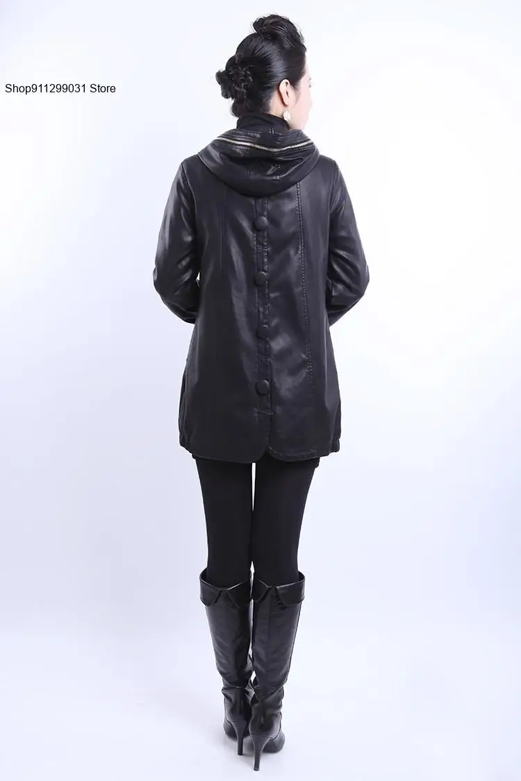 Autumn and Winter Women\'s Black Casual Fashion Loose Hooded Leather Jacket