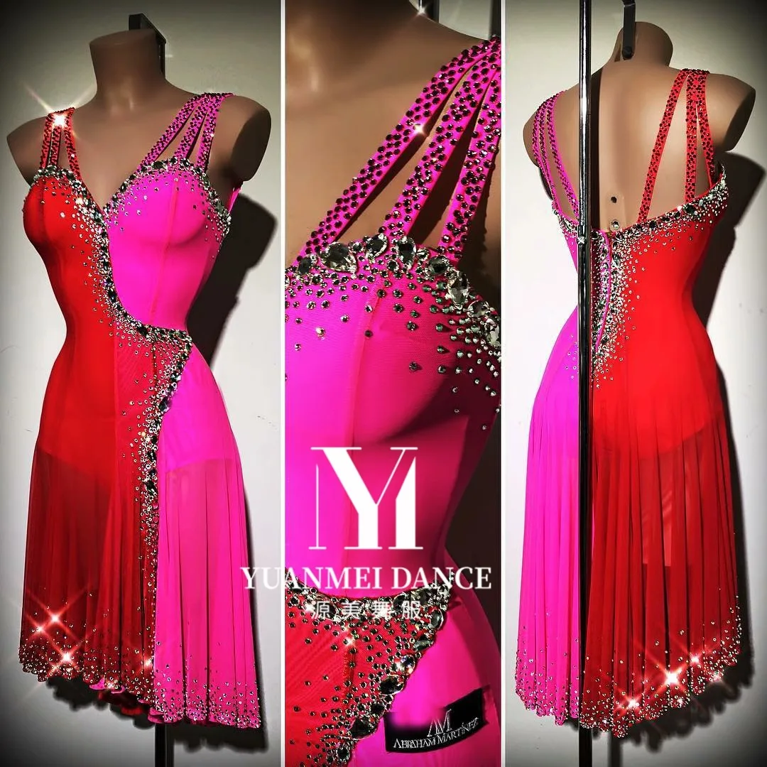 Latin Dance Competition Women's High-end Custom Two-color Stitching Pleated Skirt Tango Samba Performance Rhinestone Dress