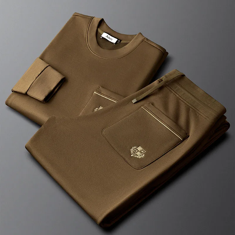 

Легкий роскошный мужской толстый повседневный спортивный костюм с длинными рукавами, состоящий из двух частей, толстовка с круглым вырезом, прямые брюки