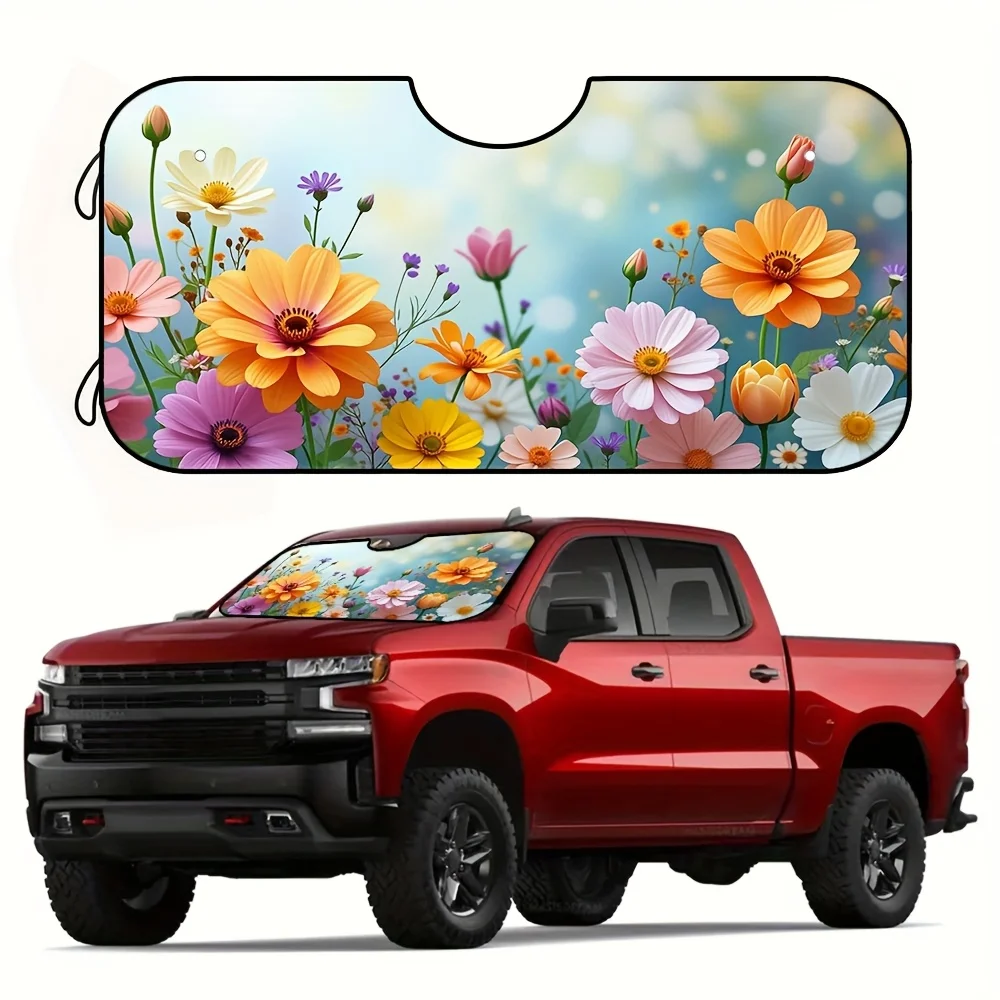 

1pc Vibrant Watercolor Floral Botanical Garden Design Car Front Windshield Sun Shade - Foldable Polyester Sun Visor, Easy To Use
