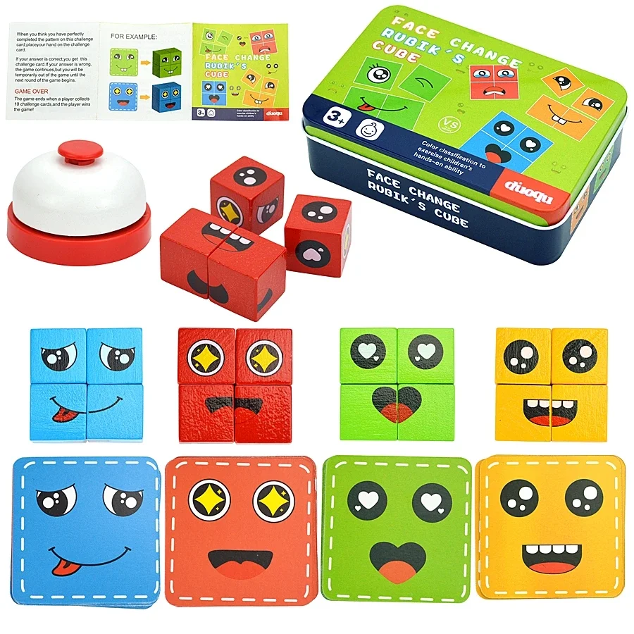 Feeling  Expressions Puzzles Educational Kid Card Match Game With Bell Ring Children Montessori Emotion Change Building Blocks