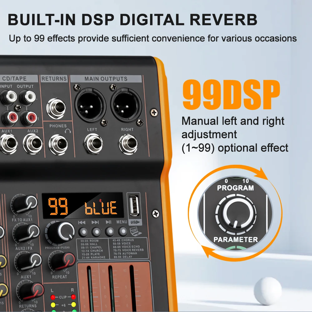 LEUS BL4/6 قناة 99 DSP تأثير جهاز مزج الصوت سجل الكمبيوتر 48 فولت الطاقة الوهمية USB خلاطات الصوت بلوتوث DJ وحدة التحكم خلط لكاريوك